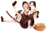  bad_id bad_pixiv_id blonde_hair bloomers braid broom douji dress flying full_body hand_on_headwear hand_up hat hat_ribbon highres kirisame_marisa ribbon solo touhou transparent_background underwear witch_hat 