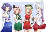  animal_ears bunny_ears cat_ears cat_tail chen chen_(cosplay) cosplay kochiya_sanae kochiya_sanae_(cosplay) konpaku_youmu konpaku_youmu_(cosplay) multiple_girls navel reisen_udongein_inaba reisen_udongein_inaba_(cosplay) saigyouji_yuyuko tail teeburu touhou yagokoro_eirin yakumo_yukari yasaka_kanako 