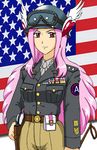  america american_flag cosplay crapgame cure_passion eyelashes flag flag_background fresh_precure! george_s_patton george_s_patton_(cosplay) goggles gun hair_ornament heart heart_hair_ornament helmet higashi_setsuna holster magical_girl military military_uniform pink_hair precure pun red_eyes riding_crop solo uniform weapon world_war_ii 