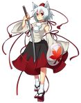  animal_ears bad_id bad_pixiv_id detached_sleeves full_body geta hat highres inubashiri_momiji red_eyes ribbon sandals shield silver_hair solo sword tabi takahina tengu-geta tokin_hat touhou transparent_background weapon wolf_ears 