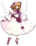  absurdres bad_id bad_pixiv_id blonde_hair curly_hair frills full_body hat highres lewis luna_child multiple_wings ribbon shoes short_hair smile solo touhou traditional_media transparent_background watercolor_(medium) wide_sleeves wings yellow_eyes 