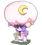  :&lt; book chibi crescent cup cushion full_body hat highres jitome long_hair looking_back oversized_object patchouli_knowledge purple_eyes purple_hair sitting solo touhou transparent_background wariza yassy 
