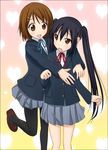  black_hair brown_eyes brown_hair highres hirasawa_yui hug hug_from_behind k-on! long_hair multiple_girls nakano_azusa neck_ribbon pantyhose red_ribbon ribbon school_uniform short_hair sk_(buta) twintails 