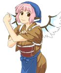  animal_ears apron brown_eyes clenched_hand hand_on_own_arm head_scarf japanese_clothes masukishi mystia_lorelei obi oekaki okamisty pink_hair propaganda rosie_the_riveter sash short_hair simple_background sleeves_rolled_up smile solo tasuki touhou we_can_do_it! wings 