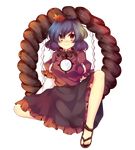  bad_id bad_pixiv_id blue_hair full_body gradient gradient_hair hair_ornament highres leaf leaf_hair_ornament mirror multicolored_hair purple_hair red_eyes rope sandals shimenawa short_hair sitting solo touhou transparent_background uranaishi_(miraura) yasaka_kanako 