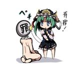  1boy 1girl blue_dress blue_eyes chibi dress gatau green_hair hat long_sleeves lowres mask mob_cap non-web_source nude seiza shiki_eiki short_hair simple_background sin_sack sitting soles touhou white_background 