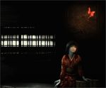  3d artist_request black_hair bug butterfly fatal_frame fatal_frame_2 ghost insect japanese_clothes kimono long_hair night sitting solo tachibana_chitose 