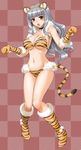  animal_ears animal_print bikini boots breasts brown_eyes choker cleavage gloves headband hida_tatsuo highres idolmaster idolmaster_(classic) large_breasts new_year shijou_takane silver_hair solo swimsuit tail tiger_print underboob 