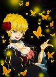  beatrice blonde_hair blue_eyes bow breasts bug butterfly chikako_(dmon) choker cleavage dress flower grin hair_flower hair_ornament insect large_breasts lipstick makeup pink_bow rose smile solo umineko_no_naku_koro_ni 