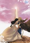  1girl black_hair blonde_hair cape closed_mouth commentary_request couple dress final_fantasy final_fantasy_ix garnet_til_alexandros_xvii gloves green_eyes highres long_hair niiko ponytail tail tears zidane_tribal 