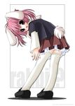  animal_ears brown_eyes bunny_ears bunny_tail frilled_skirt frills happy leaning_forward looking_back open_mouth original pink_hair school_uniform shibacha short_hair skirt solo tail thighhighs 