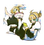  1girl :p barefoot bow brother_and_sister couple feet food headphones hetero kagamine_len kagamine_rin short_hair shorts siblings tongue tongue_out twins una_(mazinger) vocaloid 
