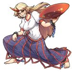  alcohol ankle_cuffs barefoot blonde_hair breasts chain claws cuffs cup feet fingernails full_body grin hands highres horn hoshiguma_yuugi large_breasts long_fingernails long_hair muscle pointy_ears red_eyes sakazuki sake skirt smile solo tomoyohi touhou transparent_background 