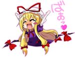  :d ^_^ arms_up bad_id bad_pixiv_id blonde_hair blush_stickers bow chibi child closed_eyes dress elbow_gloves gap gloves hair_bow happy hat hat_ribbon heart long_hair mob_cap open_mouth outline purple_dress ribbon shiny shiny_hair short_sleeves simple_background smile solo touhou very_long_hair white_background white_gloves yakumo_yukari yoiyami_yayoi 