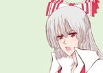  annoyed bow face fujiwara_no_mokou hair_bow hair_ribbon mikunido202 open_mouth red_eyes ribbon simple_background solo touhou 