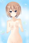  blanc blue_eyes brown_hair covering covering_breasts highres neptune_(series) nude short_hair solo standing vesperia 