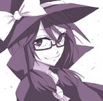  bow cape eyelashes glasses grin hair_tie hat hat_bow ke-su looking_at_viewer monochrome purple semi-rimless_eyewear short_hair smile solo touhou under-rim_eyewear upper_body usami_sumireko 