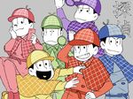  :&lt; ;3 adjusting_clothes adjusting_hat alternate_costume bad_id bad_pixiv_id black_hair brothers capelet cellphone deerstalker detective hand_on_own_cheek hat heart heart_in_mouth highres jitome looking_at_viewer magnifying_glass male_focus matsuno_choromatsu matsuno_ichimatsu matsuno_juushimatsu matsuno_karamatsu matsuno_osomatsu matsuno_todomatsu multiple_boys osomatsu-kun osomatsu-san phone pinoko_(pnk623) sextuplets siblings sitting sitting_on_person smartphone 