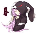  danganronpa hair_ornament hair_tubes hood hooded_jacket hoodie jacket long_hair looking_at_viewer low_twintails monokuma one_eye_closed open_clothes open_jacket purple_hair red_eyes simple_background smile solo toromera twintails upper_body vocaloid voiceroid white_background yuzuki_yukari 