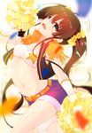  akahito belt blush boots breasts brown_hair epaulettes flower green_eyes hair_flower hair_ornament leaning_back long_hair looking_at_viewer midriff navel open_mouth pom_poms ponytail short_shorts shorts small_breasts smile solo tamasaka_makoto tokyo_7th_sisters vest 
