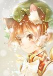  animal_ears blush brown_hair cat_ears chen closed_mouth face gradient gradient_background hat im_(badmasa) jewelry jpeg_artifacts looking_away mob_cap portrait ribbon short_hair single_earring smile snowing solo touhou turtleneck 