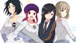  bangs black_hair blonde_hair blunt_bangs bob_cut double_vertical_stripe formal gun hat hiura_akane huyumitsu kumagai_yuuko long_hair multiple_girls nasu_rei necktie red_hair shiki_sayoko short_hair suit uniform weapon world_trigger 