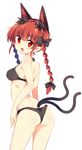  animal_ears ass bikini black_bikini black_ribbon blush braid breasts cat_ears cat_tail extra_ears fang from_behind hair_ribbon highres kaenbyou_rin long_hair looking_at_viewer looking_back maturiuta_sorato medium_breasts multiple_tails open_mouth pointy_ears red_eyes red_hair ribbon simple_background solo standing swimsuit tail touhou tress_ribbon twin_braids white_background 