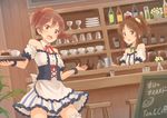  :d bar brown_eyes brown_hair cafe cup doughnut food idolmaster idolmaster_cinderella_girls long_hair mugi_(banban53) multiple_girls open_mouth ponytail shiina_noriko smile takamori_aiko teacup tray waitress 