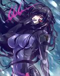  bad_id bad_pixiv_id beatrix_bremer black_hair blizzard bodysuit breasts cleavage covered_navel hair_blowing hand_on_own_face jinkai_yamizawa large_breasts long_hair muvluv open_mouth pilot_suit red_eyes schwarzesmarken sketch skin_tight snowing solo wind 