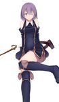  boots detached_sleeves hai_to_gensou_no_grimgar lasel one_eye_closed purple_hair shihoru_(grimgar) short_hair simple_background solo staff thigh_boots thighhighs white_background 