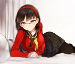  amagi_yukiko arm_support bad_id bad_tumblr_id bed_sheet black_hair black_legwear black_skirt breasts brown_eyes buttons closed_mouth collarbone curtains expressionless eyebrows eyebrows_visible_through_hair glasses hairband long_hair long_sleeves lpip lying medium_breasts neckerchief on_bed on_side over-rim_eyewear pantyhose persona persona_4 pillow red-framed_eyewear red_shirt school_uniform semi-rimless_eyewear serafuku shirt skirt solo 