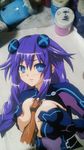  1girl blue_eyes blush braid breasts cleavage eyebrows_visible_through_hair hair_ornament hasamimushi hetero highres large_breasts long_hair looking_at_viewer neptune_(series) nipples paizuri penis purple_hair purple_heart solo_focus symbol-shaped_pupils tears traditional_media twin_braids very_long_hair 