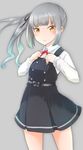  belt brown_eyes comah dress dress_shirt grey_hair hair_ornament hair_ribbon jewelry kantai_collection kasumi_(kantai_collection) long_hair long_sleeves neckerchief pinafore_dress remodel_(kantai_collection) ribbon ring school_uniform shirt side_ponytail silver_hair solo wedding_band yellow_eyes 