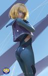  :o artist_name ass black_gloves blonde_hair blue_background blue_eyes bodysuit from_behind gloves heavy_object highres looking_at_viewer looking_back milinda_brantini parted_lips purple_vest sailor_collar short_hair simple_background solo standing tiara vest wlop 