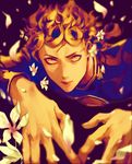  blonde_hair blurry face flower foreshortening giorno_giovanna jojo_no_kimyou_na_bouken lying male_focus on_stomach petals solo yellow_eyes yelsh 