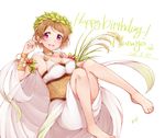  :d armband artist_name bare_shoulders barefoot bracelet breasts brown_hair cape character_name cleavage collarbone dated dress food happy_birthday hatagaya jewelry koizumi_hanayo legs love_live! love_live!_school_idol_project medium_breasts olive_wreath onigiri open_mouth purple_eyes rice see-through short_hair signature simple_background smile solo white_background 