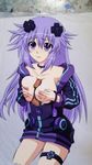  1girl absurdres adult_neptune blush breasts d-pad d-pad_hair_ornament eyebrows_visible_through_hair hair_ornament hasamimushi hetero highres hood hooded_track_jacket jacket large_breasts long_hair looking_at_viewer neptune_(series) paizuri penis purple_eyes purple_hair shin_jigen_game_neptune_vii solo_focus tears track_jacket traditional_media 