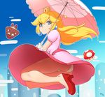  ass blonde_hair blue_eyes crown dress earrings from_below goomba jewelry jumping kuroonehalf long_hair mario_(series) mushroom panties pantyshot parasol pink_dress pink_umbrella princess_peach smile star super_mario_bros. umbrella underwear 