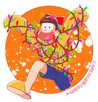  bow brown_eyes brown_hair christmas_lights circlet happy_birthday heart heart_in_mouth hood hoodie lowres male_focus matsuno_juushimatsu osomatsu-kun osomatsu-san sagemaru-br shorts slippers smile socks solo 