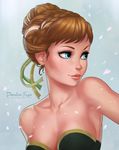  anna_(frozen) armpits artist_name bangs bare_shoulders blonde_hair blue_background blue_eyes braid breasts cleavage collarbone crown_braid dandon_fuga disney dress eyelashes eyeshadow freckles frozen_(disney) green_dress grey_background hair_bun lips looking_away looking_to_the_side makeup medium_breasts petals short_hair simple_background smile solo strapless strapless_dress upper_body watermark web_address 