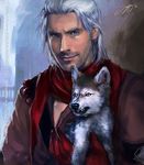  brilcrist carrying diamond_dog emblem facial_hair gloves grey_eyes male_focus metal_gear_(series) metal_gear_solid_v red_gloves revolver_ocelot scarf signature silver_hair upper_body watermark web_address wolf 