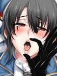  beret black_gloves black_hair blush breath fellatio_gesture gloves hat kantai_collection looking_at_viewer military military_uniform open_mouth red_eyes sexually_suggestive short_hair solo sweatdrop takao_(kantai_collection) ulrich_(tagaragakuin) uniform 