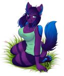  2016 alpha_channel blue_eyes blue_hair blue_markings bottomless breasts canine cleavage clothed clothing ear_piercing ellie_blue female fur grass hair kneeling looking_at_viewer lunarii mammal markings multicolored_hair piercing purple_fur purple_hair shirt simple_background solo transparent_background two_tone_hair 