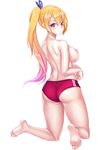  ass barefoot blonde_hair breasts buruma feet from_behind gym_uniform highres kawakami_mai large_breasts legs long_hair looking_at_viewer looking_back mole mole_under_eye musaigen_no_phantom_world nipples purple_eyes ribbon side_ponytail simple_background smile-xx soles solo topless white_background 
