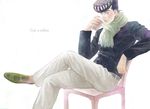  abuko85 black_hair blue_eyes chair coffee_cup crossed_legs cup disposable_cup earrings english higashikata_jousuke highres jacket jewelry jojo_no_kimyou_na_bouken male_focus pompadour scarf sitting solo 