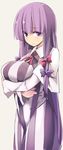  bangs blue_ribbon blunt_bangs breast_hold breast_lift breasts hair_ribbon kamukamu_(ars) large_breasts long_hair looking_at_viewer patchouli_knowledge purple_eyes purple_hair red_ribbon ribbon solo standing striped touhou tress_ribbon vertical_stripes very_long_hair 