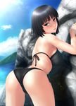  against_rock ass bikini black_hair blue_eyes breasts dutch_angle fubuki_(one-punch_man) highres large_breasts looking_back one-punch_man short_hair solo swimsuit tai_(2vs) 