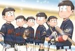  armband baseball baseball_bat baseball_mitt baseball_uniform brothers brown_eyes brown_hair looking_at_viewer lou_soten male_focus matsuno_choromatsu matsuno_ichimatsu matsuno_juushimatsu matsuno_karamatsu matsuno_osomatsu matsuno_todomatsu multiple_boys osomatsu-kun osomatsu-san sextuplets siblings sportswear 