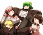  blush book brown_hair character_doll child_drawing crayon green_hair heterochromia i_want_my_hat_back mother_and_daughter multicolored_hair neo_(rwby) pink_hair reclining roman_torchwick rwby siblings sisters smile what_if yang_xiao_long 
