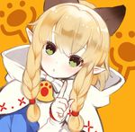  :o animal_ears blonde_hair blue_dress blush braid cat_ears cloak close-up commentary dress extra_ears face green_eyes hair_bobbles hair_ornament hair_tie head_tilt highres honda_tamanosuke hood hooded_cloak index_finger_raised looking_at_viewer meowstress monster_hunter monster_hunter_x orange_background parted_lips paw_print pointing pointy_ears side_braid sidelocks simple_background solo twin_braids 